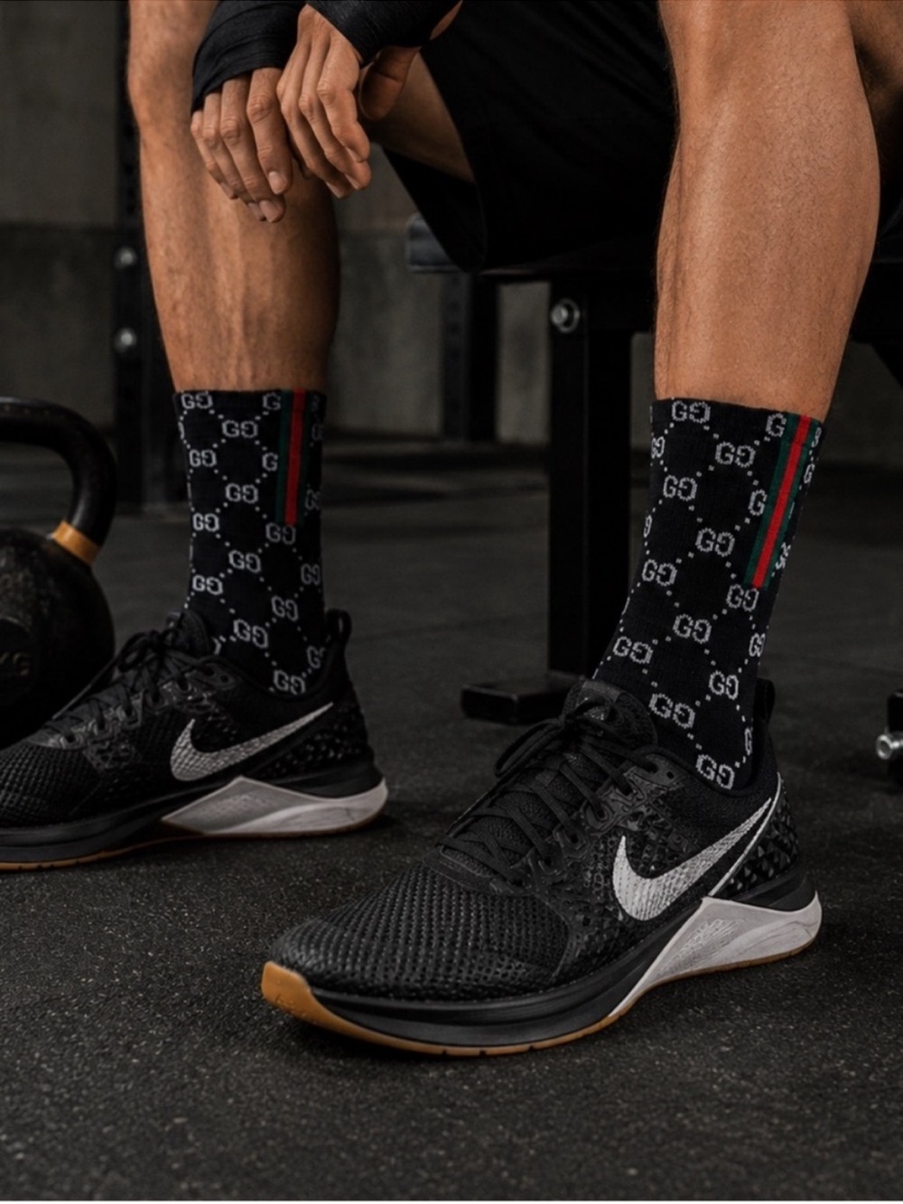 Gucci Black Crew Socks with Red & Green Stripe